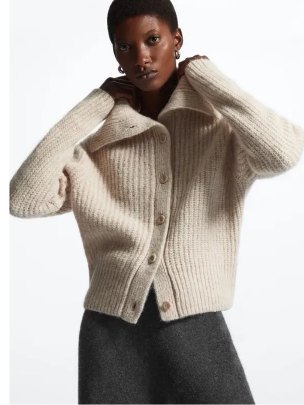 COS Cream Spread-Collar Ribbed Wool Cardigan